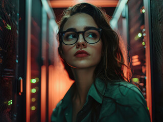 Monitoring server health and firewall performance by a female IT security expert in a high-tech environment