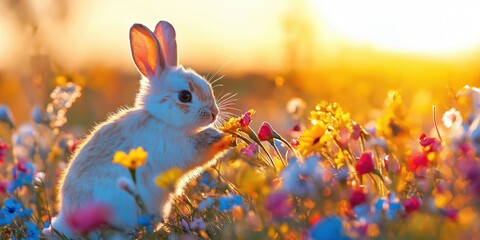 A cute rabbit surrounded by colorful wildflowers in a glowing sunset, creating a warm and serene scene that highlights the beauty of nature and tranquility.