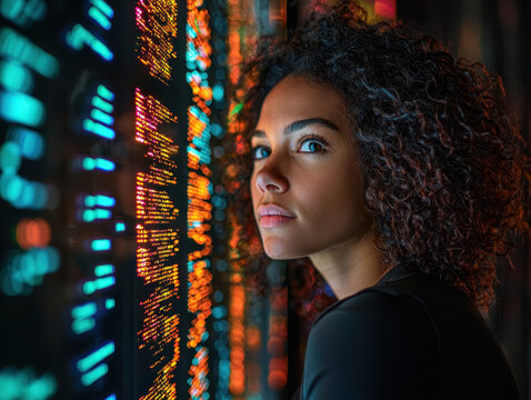 Female IT security specialist enhancing data encryption with holographic terminal in a high-tech environment at night