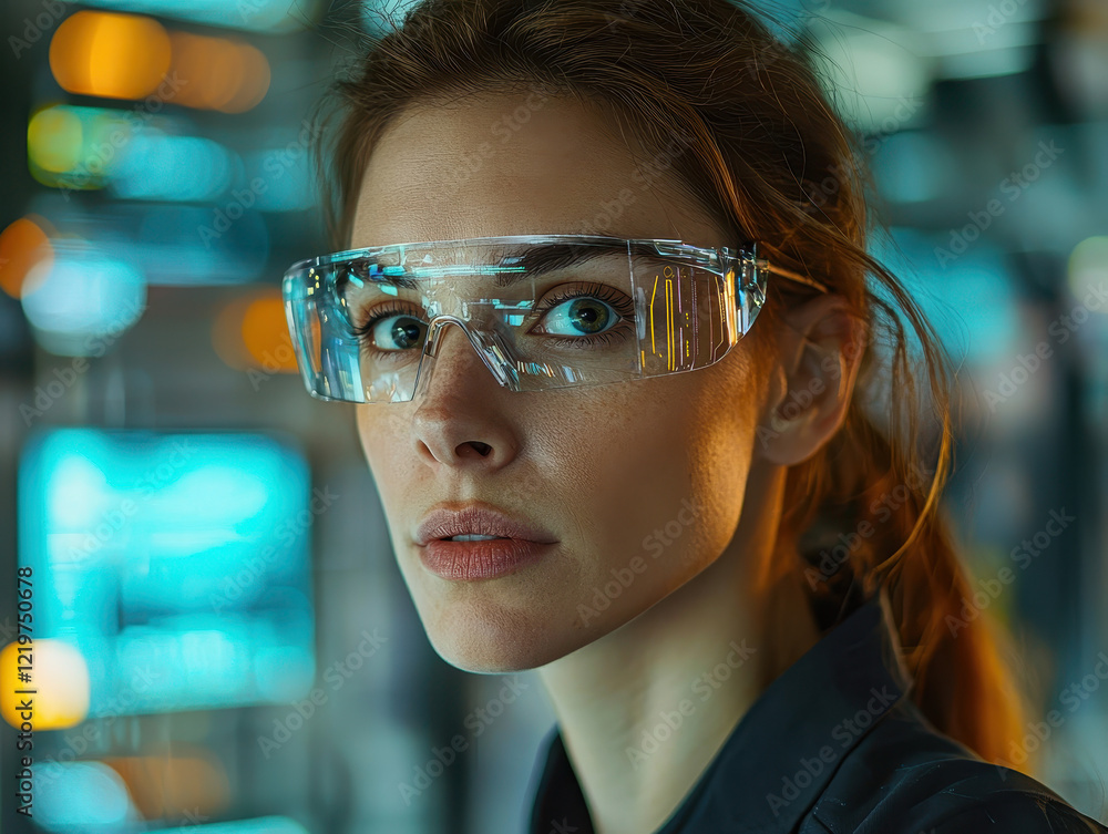Poster focused woman cybersecurity expert analyzes anomaly detection algorithms in a futuristic lab with ho