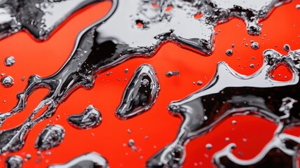 Abstract fluid shapes on vibrant red background with glossy black highlights