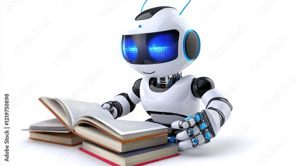 Aufkleber a 3d render of a white robot reading several books on a white background