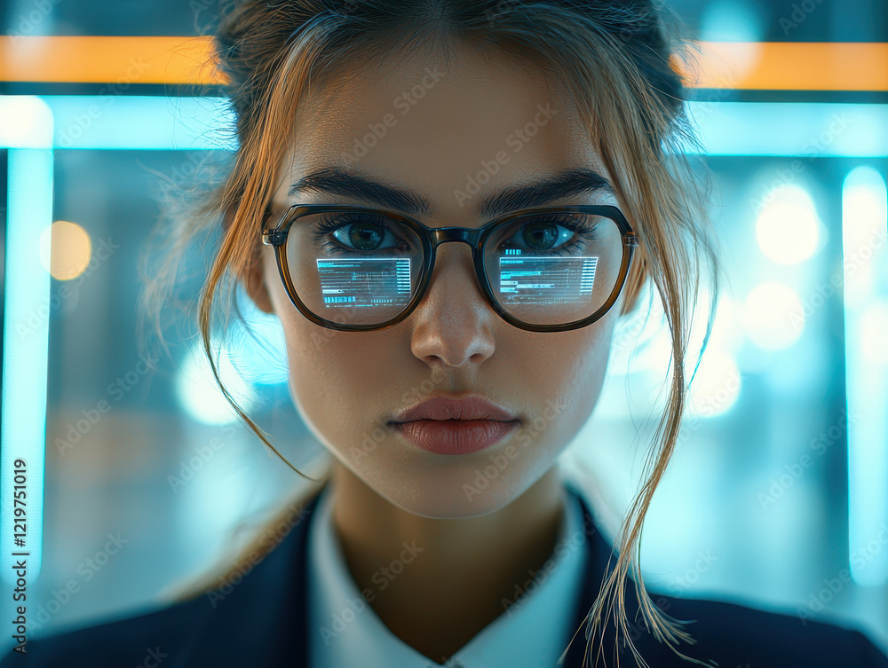 Poster woman in stylish blazer engaged with cybersecurity dashboard displaying real-time alerts in a futuri