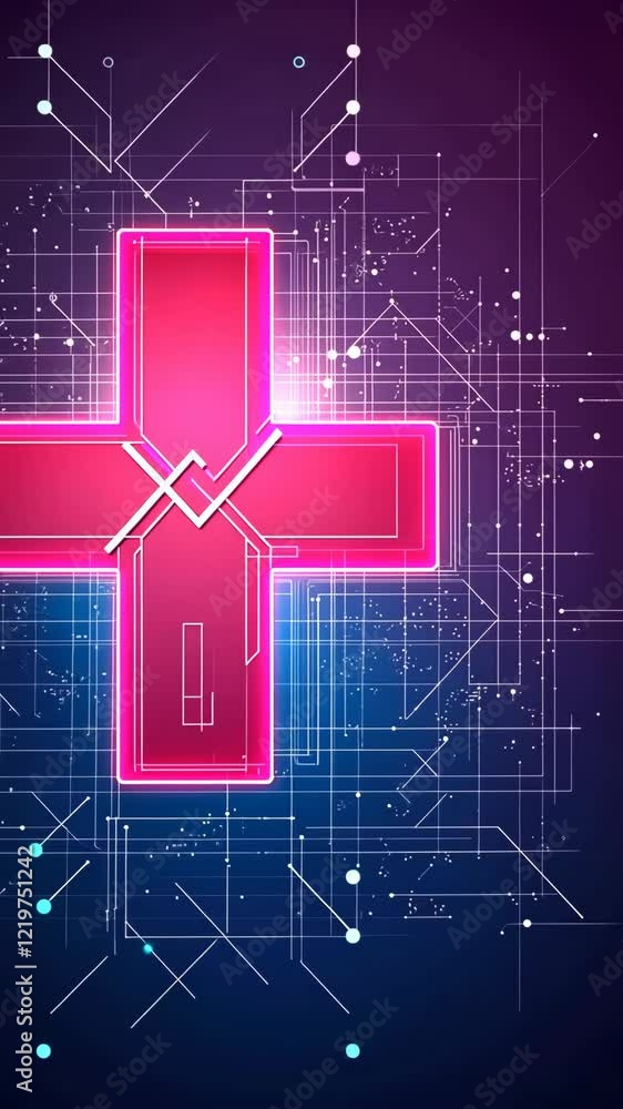 Poster digital art featuring a bright pink cross design against a high-tech background of geometric shapes 