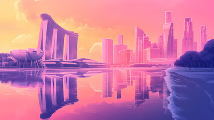 Fototapeta premium Stunning sunset reflection of iconic marina bay sands and surroundings over calm water with unique frosted landscape in singapore's skyline. Frosty Bay. Illustration