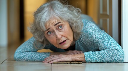 Senior woman lies on floor in home after stumbling on door. Accident highlights home safety risk for elderly. Possible injury, need for care evident. Focus on preventing falls, ensuring secure living