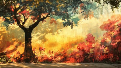 background of painting mural on a wall, blending natural forms with artistic imagery