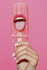 Pink popsicle with realistic lips and tongue design, held by a hand with white nails against a pink...