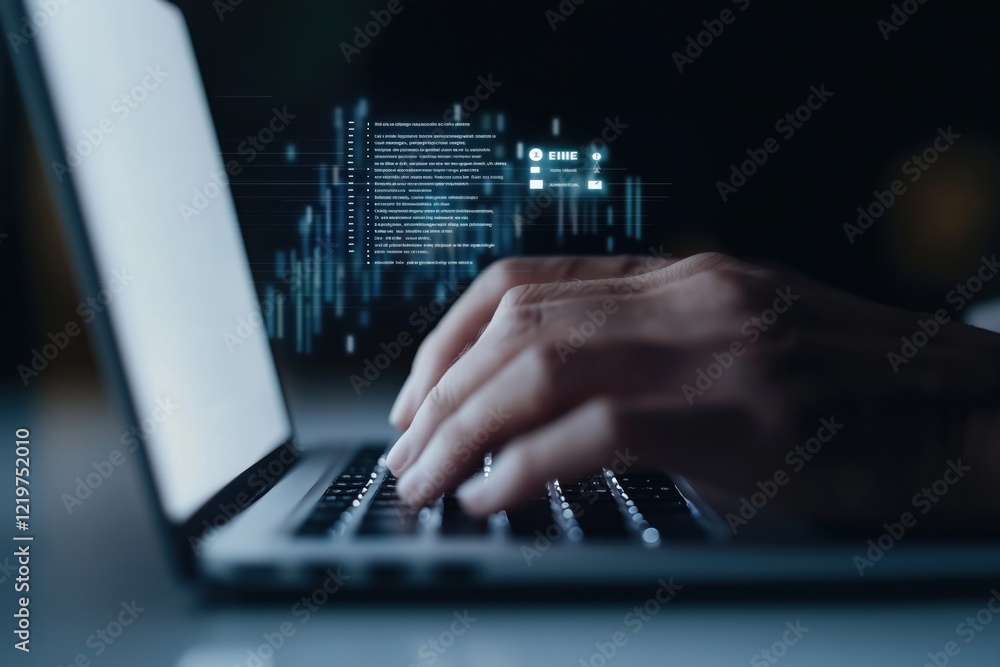 Poster person types on laptop keyboard. ai assistant software interacts with user. virtual tech assistant d