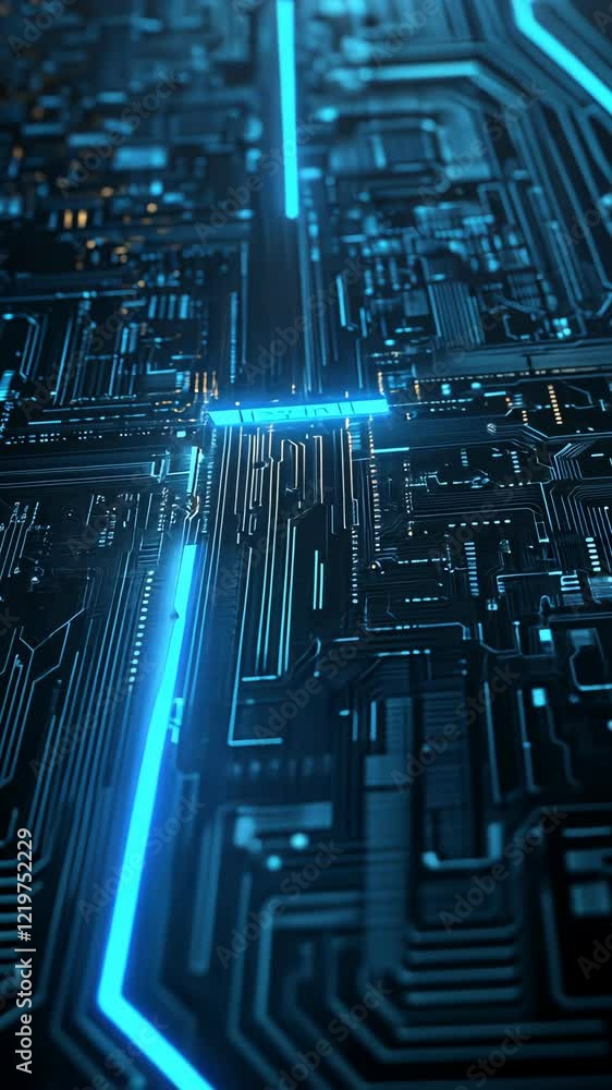 Poster intricate microchip circuitry illuminated with blue light in an abstract technology backdrop