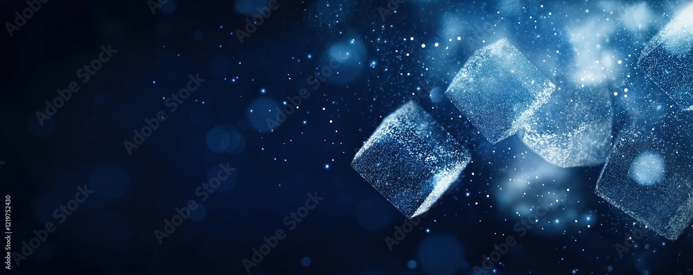 Poster abstract digital art glowing blue cubes with textured surface. light, sparkle effect creates dynamic