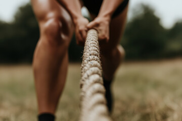 A woman is holding a rope in her hand