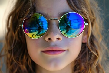 Close up of a girl wearing round, rainbow colored sunglasses reflecting a scooter rider in an urban setting
