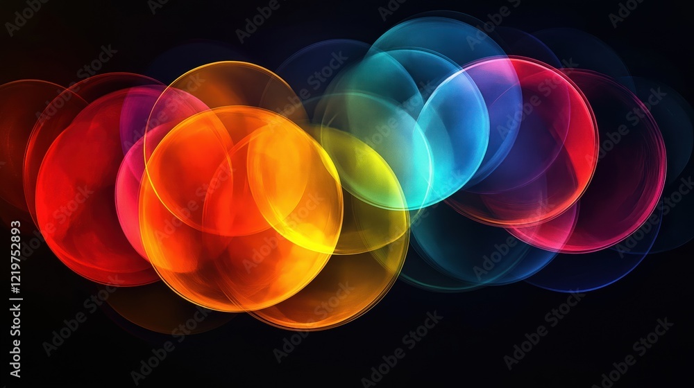 Poster abstract vibrant colorful circles overlap on dark background. dynamic design with layered translucen
