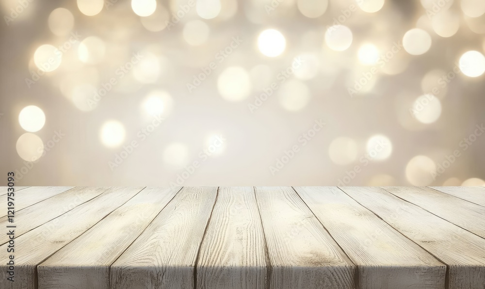Fototapete Light wooden table with a soft bokeh background in warm tones, creating an elegant and inviting setting. Perfect for holiday designs, product displays, or celebratory themes