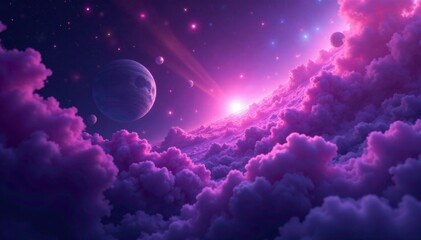 Cosmic background with swirling purple fog and bright white particles, asteroid belt, atmosphere