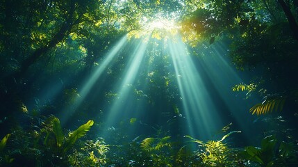 Calming depiction of glowing rainforest canopies