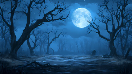 Fototapeta premium Spooky forest under full moon with barren trees at night. Lunar Bayou. Illustration