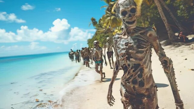 video of zombi party on the tropical beach, hallowen concept 
