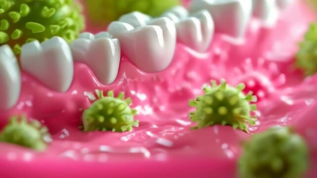 video of Bacteria and viruses surrounding a tooth, illustrating a medical concept of dental hygiene 