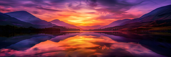 Ethereal Serenity: A Golden Sunset Over a Perfectly Reflective Lake, Framed by Majestic Mountains