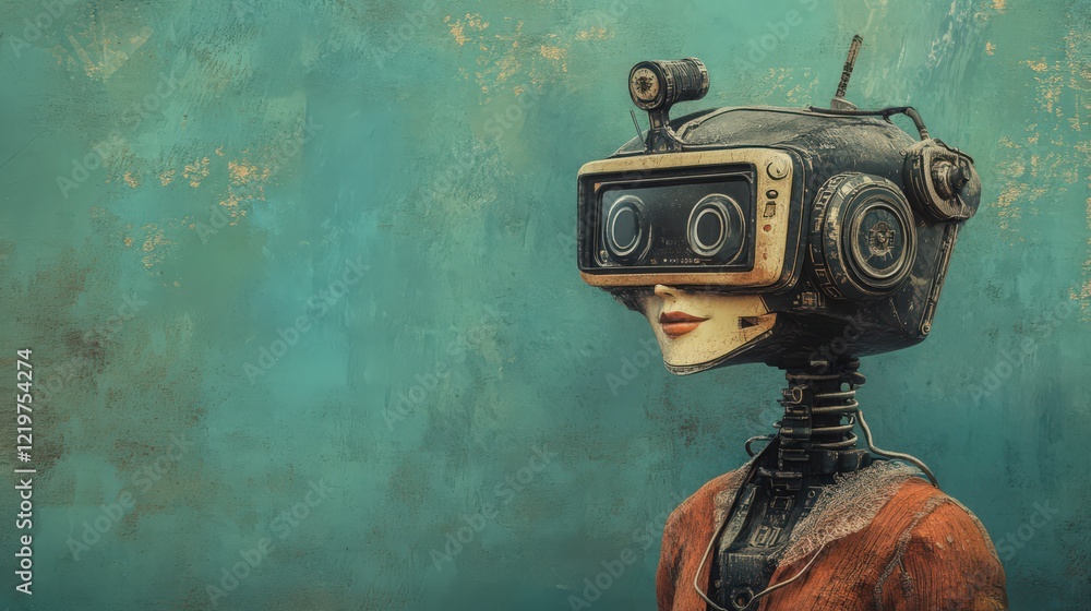 Poster retro-futuristic robot with a camera head on a textured blue background minimal design