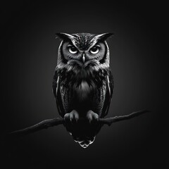 Naklejka premium Black and white owl perched on branch.