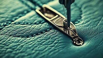 Close-up view of a sewing machine needle stitching into vibrant leather material in a workshop