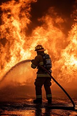 A brave firefighter sprays water to extinguish a large fire, wearing protective gear created by ai