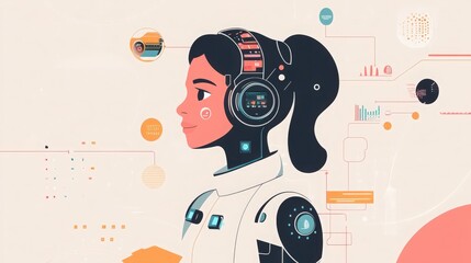 Futuristic female figure with headphones and digital overlay on a light backdrop