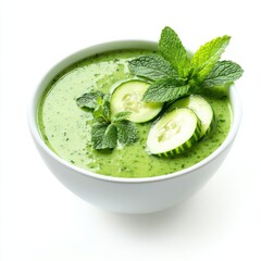 A refreshing cucumber and mint gazpacho soup, isolated white background, abstract art style