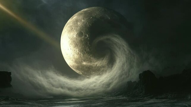 a very beautiful view of the lunar eclipse at night in the sea area. seamless looping time-lapse virtual 4k video Animation Background.	