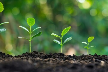 Fototapeta premium Four young green plants growing from the ground symbolize new life, business development, and environmental conservation