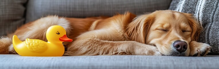 A golden retriever puppy sleeping with a rubber duck on a cozy couch. Great for pet-related content, comfort themes, and animal care visuals.