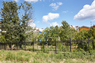 Metal fence in the city park. Decorative black iron guardrail for protection, close up.