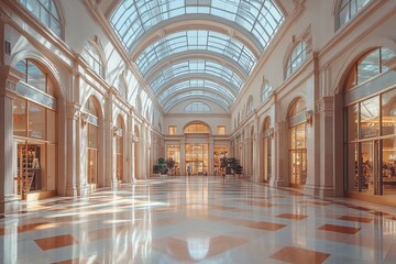 Obraz premium Urban Oasis: A Vibrant Shopping Mall Atrium Under a Glorious Glass Ceiling, Alive with Shops and People
