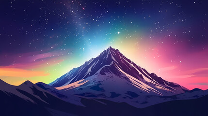 Majestic mountain peak with starry sky and colorful galaxy. Aurora Peak. Illustration