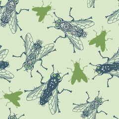 Fly seamless pattern. Insect silhouette