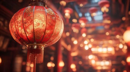 A red Chinese lantern with intricate gold detailing on a neutral background. Ideal for Lunar New Year, cultural events, and traditional decorations.