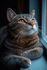 Naklejka premium Tabby cat gazing out window, orange eyes.