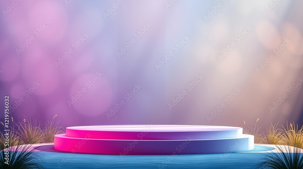 Poster a 3d rendering of a minimalist pink podium scene with three cylindrical platforms arranged in a stag