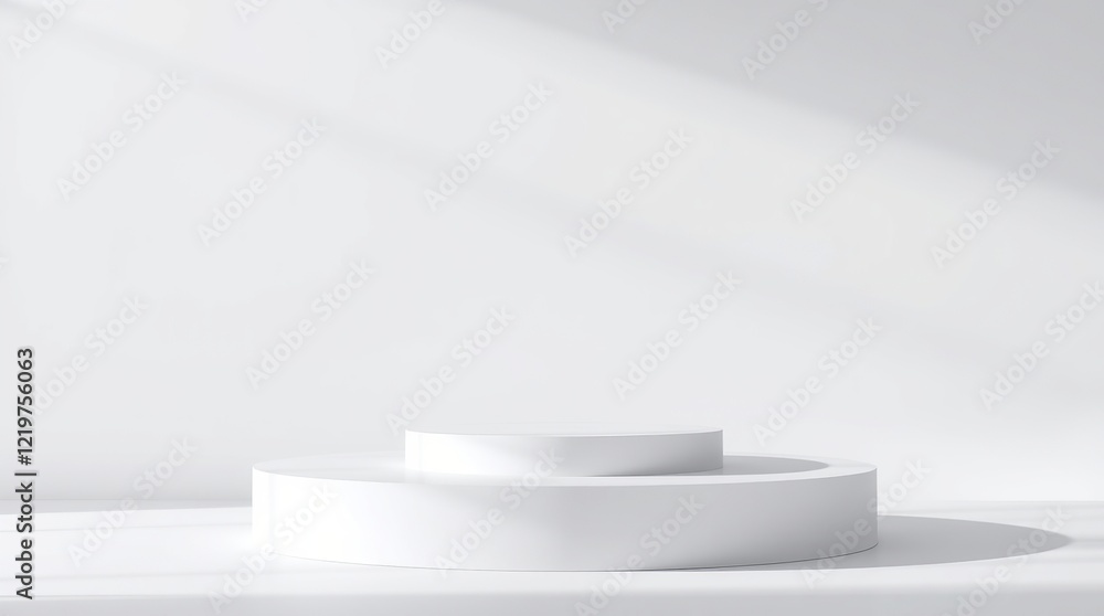 Poster a 3d rendering of a minimalist pink podium scene with three cylindrical platforms arranged in a stag