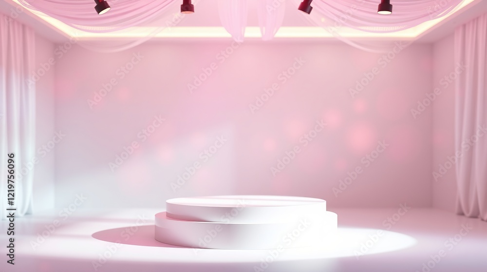 Poster a 3d rendering of a minimalist pink podium scene with three cylindrical platforms arranged in a stag