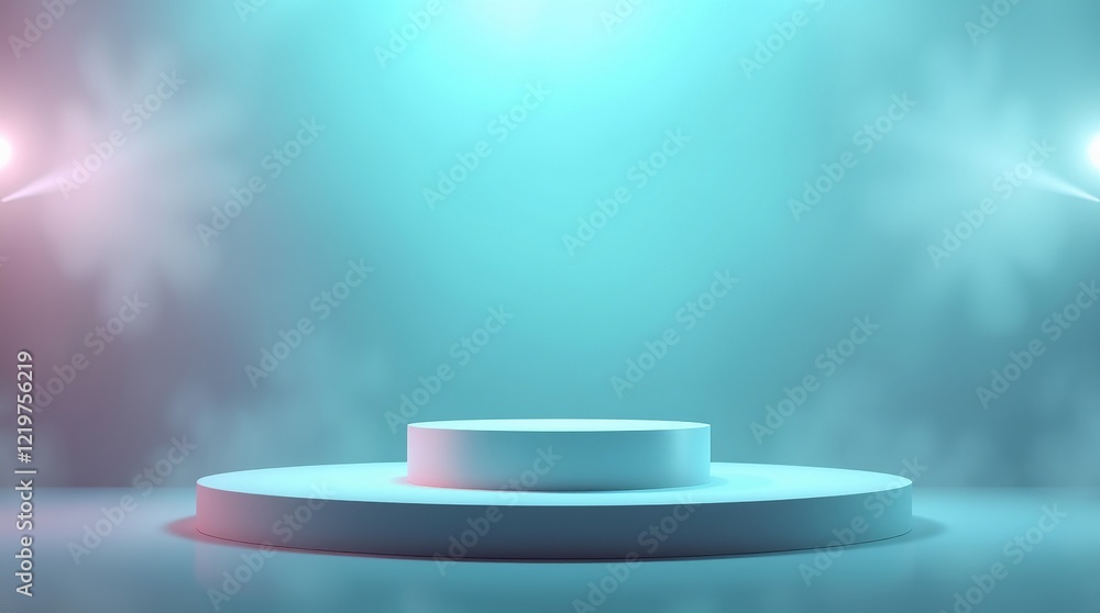 Poster a 3d rendering of a minimalist pink podium scene with three cylindrical platforms arranged in a stag