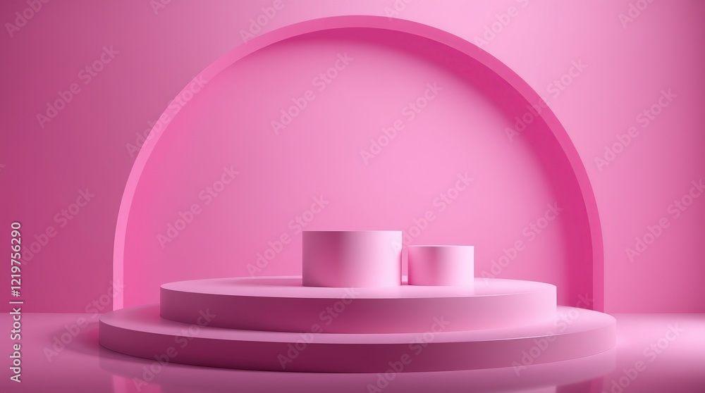 Poster a 3d rendering of a minimalist pink podium scene with three cylindrical platforms arranged in a stag