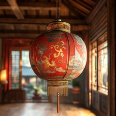 A red Chinese lantern with intricate gold detailing on a neutral background. Ideal for Lunar New Year, cultural events, and traditional decorations.