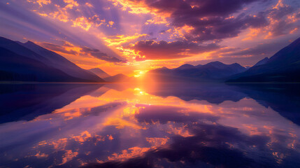 Ethereal Serenity: A Golden Sunset Over a Perfectly Reflective Lake, Framed by Majestic Mountains