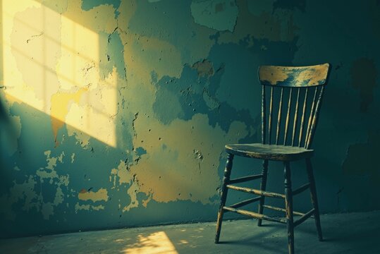 a chair sitting in a room with peeling paint - Powered by Adobe