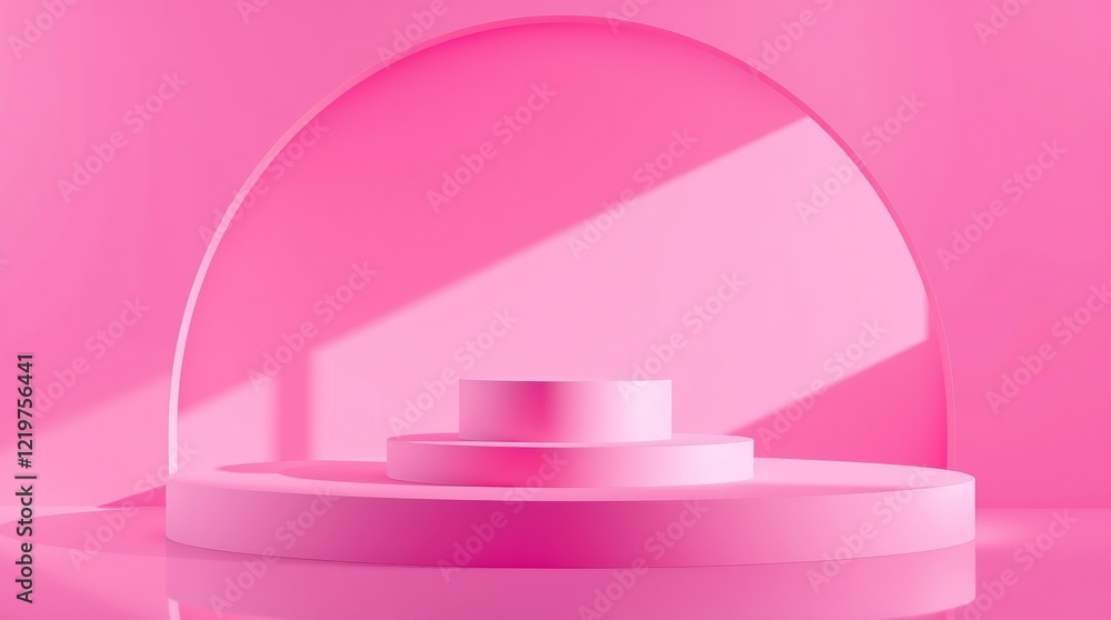 Poster a 3d rendering of a minimalist pink podium scene with three cylindrical platforms arranged in a stag
