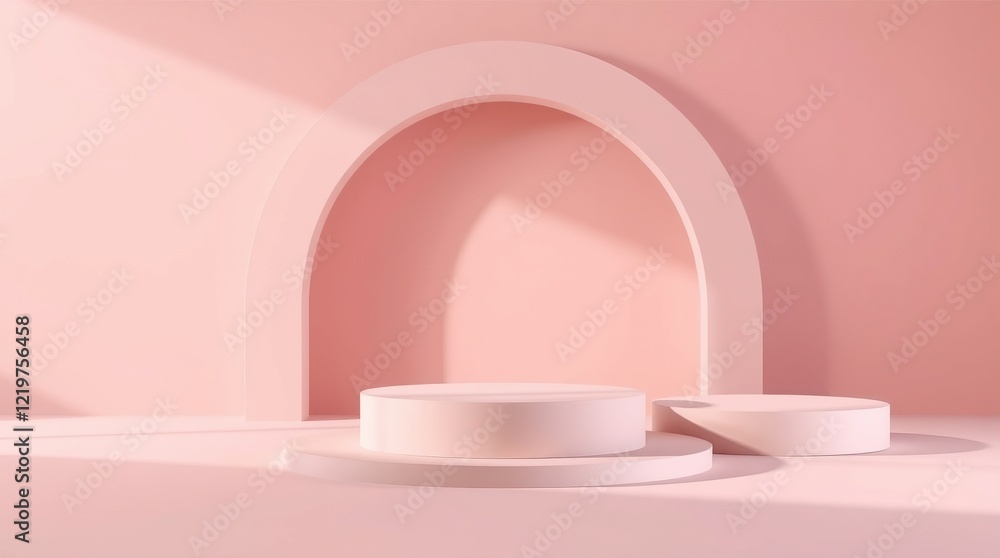 Poster a 3d rendering of a minimalist pink podium scene with three cylindrical platforms arranged in a stag